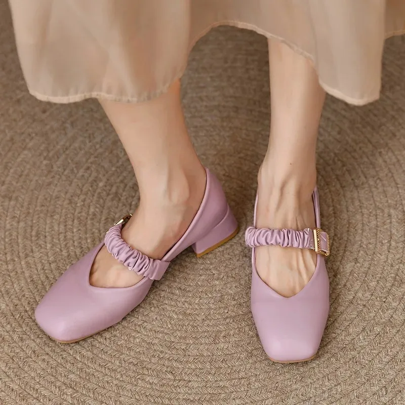 

Туфли женские на высоком каблуке, туфли-лодочки, ремешок с пряжкой, квадратный носок, плиссированная обувь, классические, Мэри Джейн