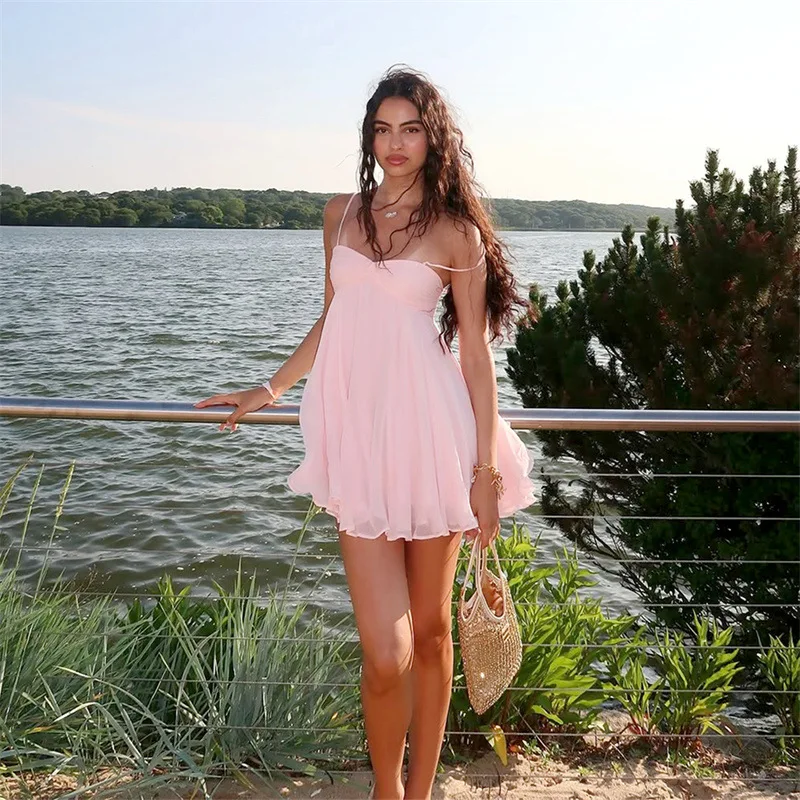 Elegant Chiffon Loose Short Dresses Women's Simple Casual Strap Dress Summer Sundresses Pink Black Beach Holiday Vacation New