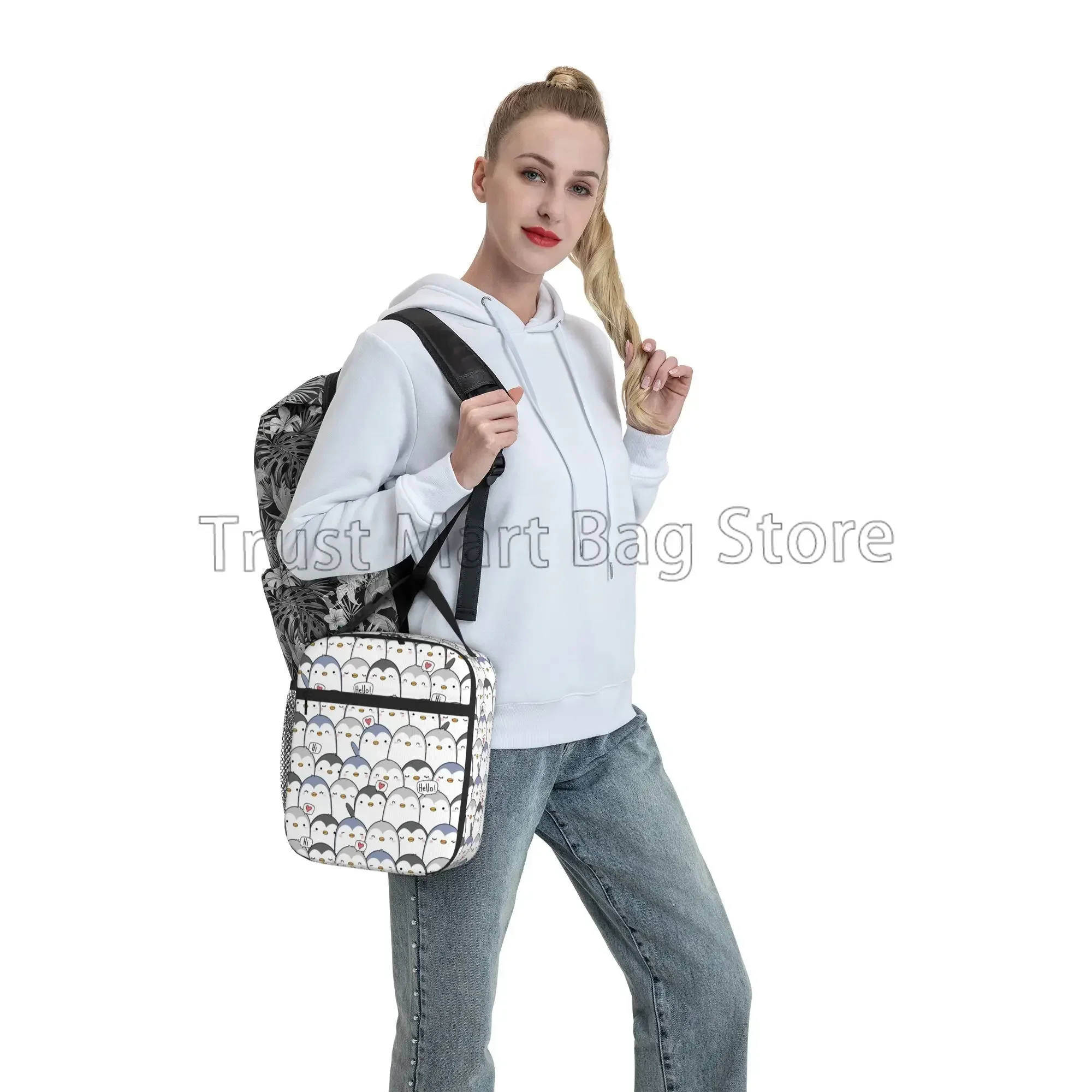 Cute Penguin Greeting Insulated Lunch Box Reusable Portable Lunch Bag Thermal Cooler Bento Tote for Boys Girls Women School Work