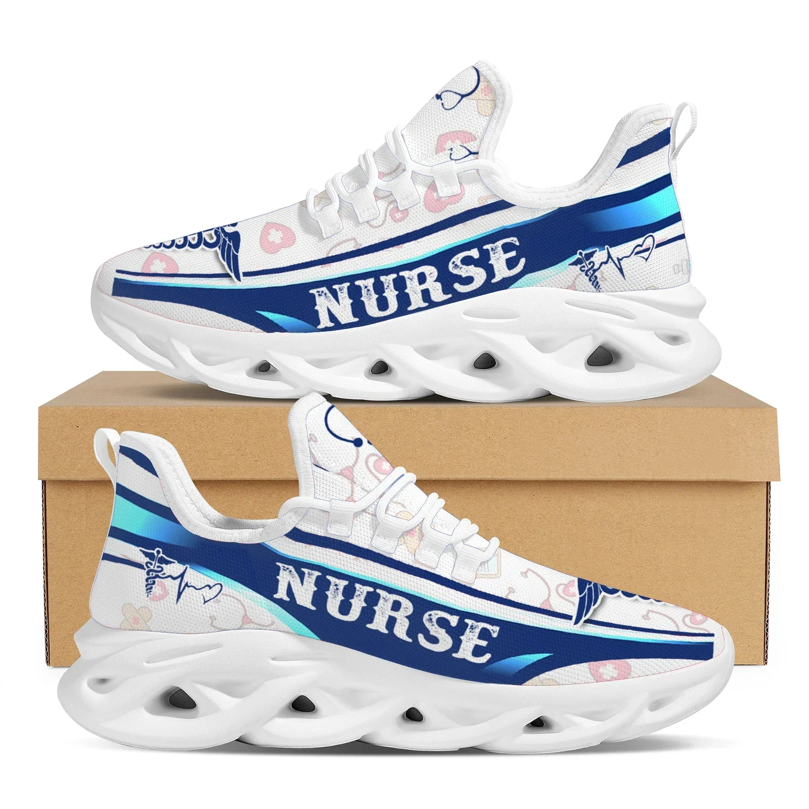 White Ladies Nurse Print Summer Knit Platform Shoes Lightweight And Breathable Lace-up Blade Sneakers Medical Shoes