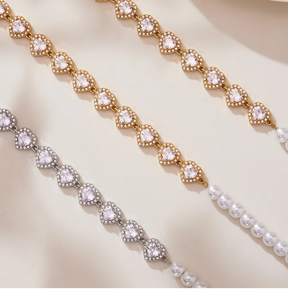 Weiße Imitationsperle Perlenkette Halskette Damen Edelstahl vergoldet glänzender Zirkon Herz Halskette Halsband Luxusschmuck – Detail 14