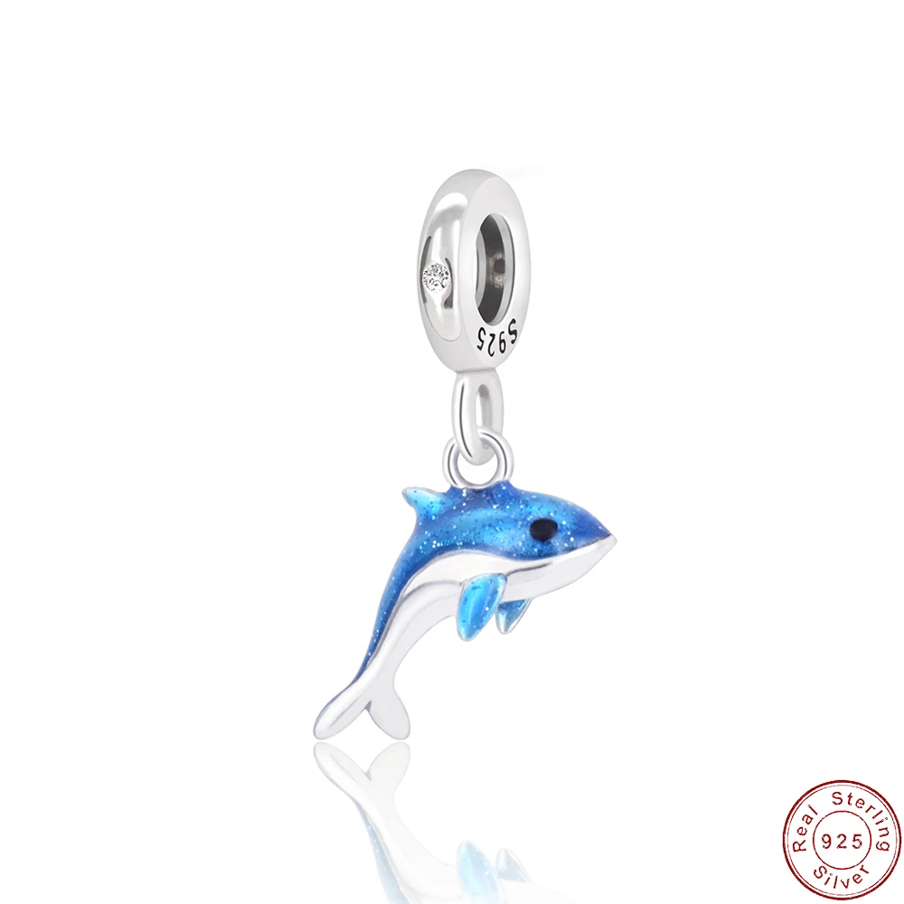 

Authentic 925 Sterling Silver DIY Charm Blue Enamel Dolphin For Original Women Bracelet Necklace Chain Jewelry