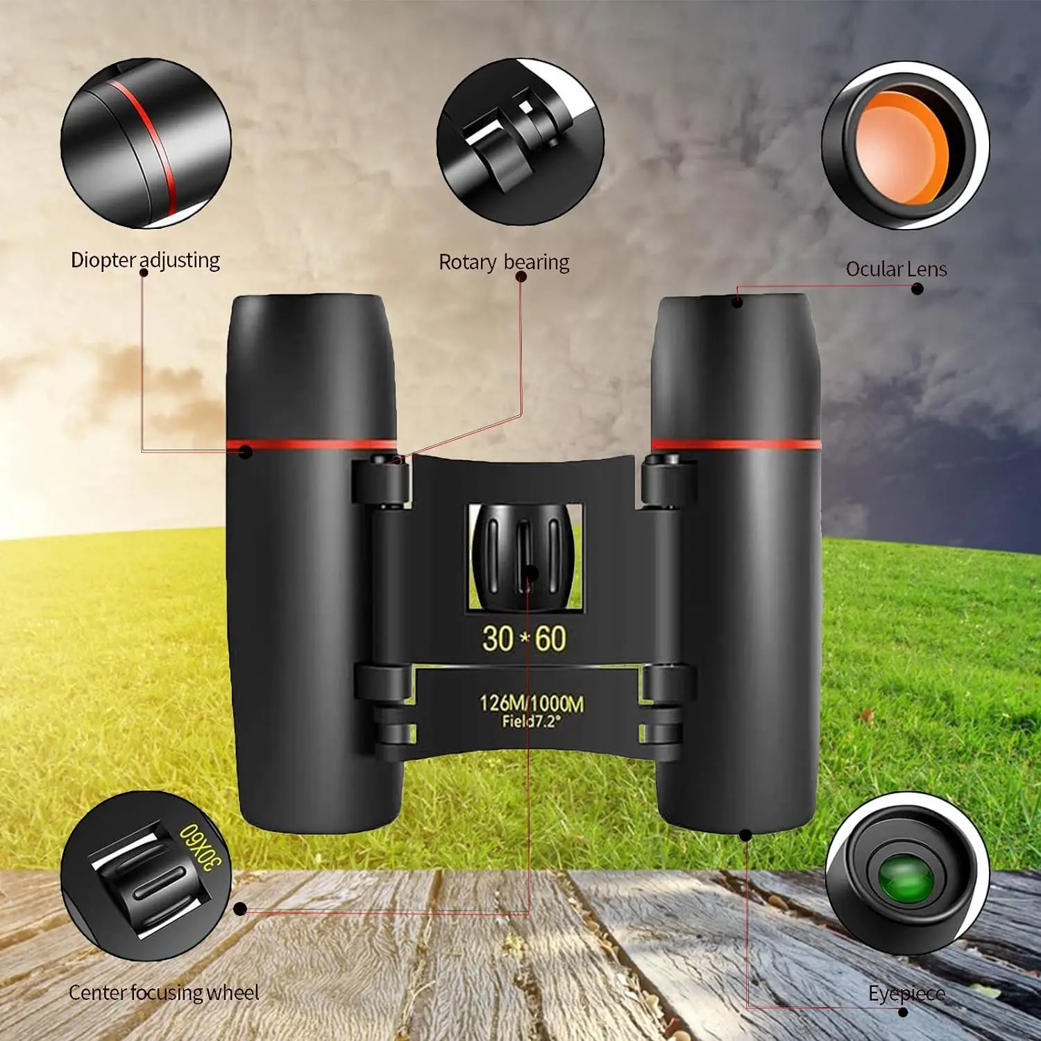 Odborný 30x60 dalekohled mini namyšlený skládací binoculars HD přenosné pro dítě outdoorové ptáci sledování kemping cestovní dar