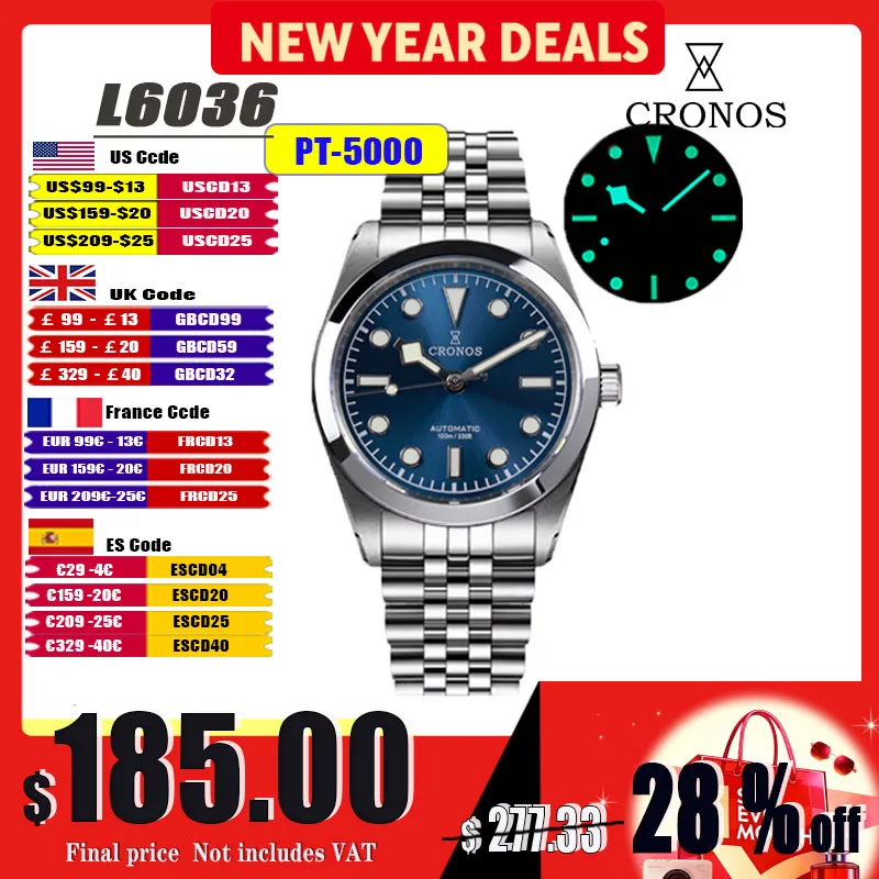 Cronos New Mechanical Men Watches 36mm Automatic PT5000 SW200