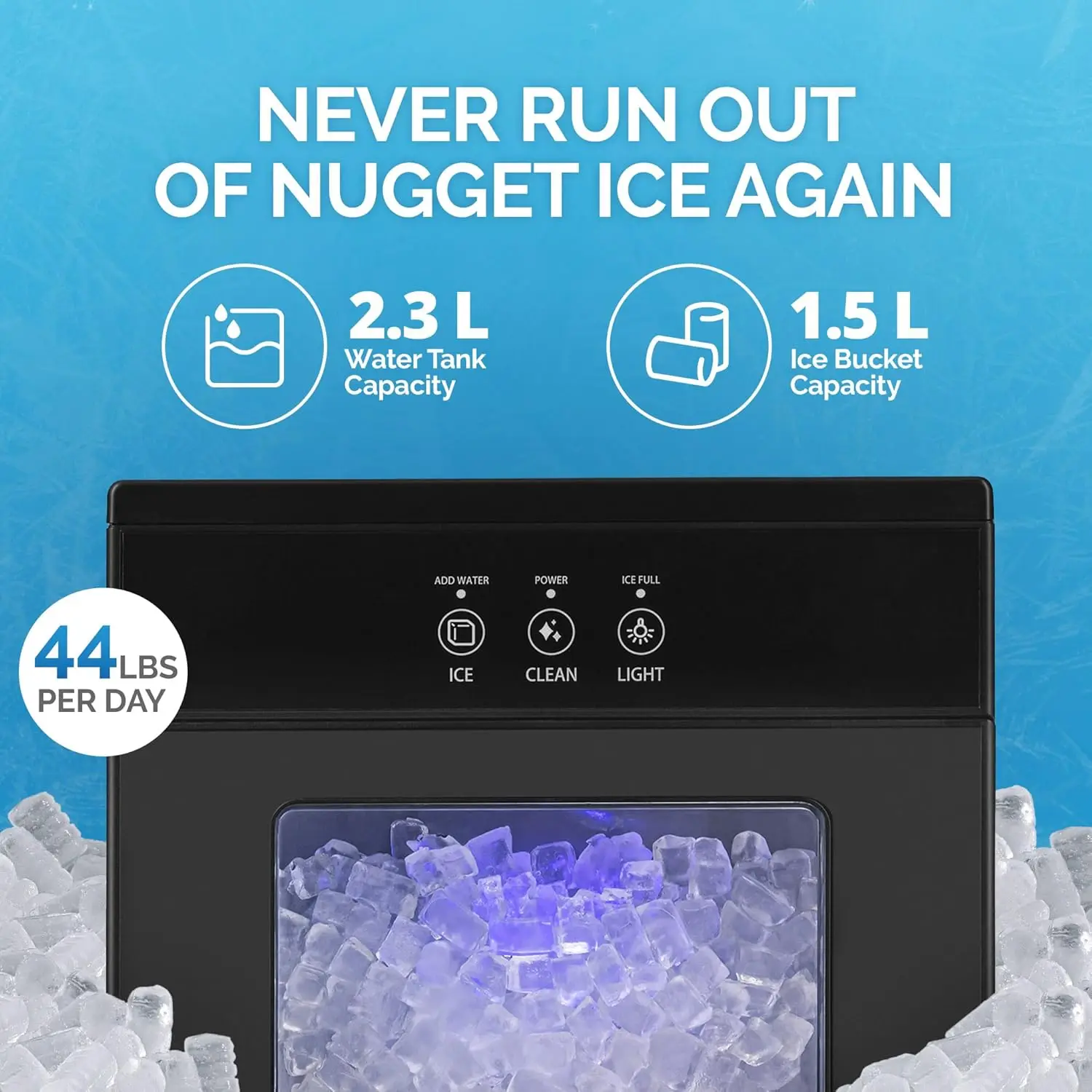 Nugget Ice Maker Countertop 44lbs/Day Countertop Sonic Ice Machine Self-Cleaning Refillable Water Tank Ideal for Home Office