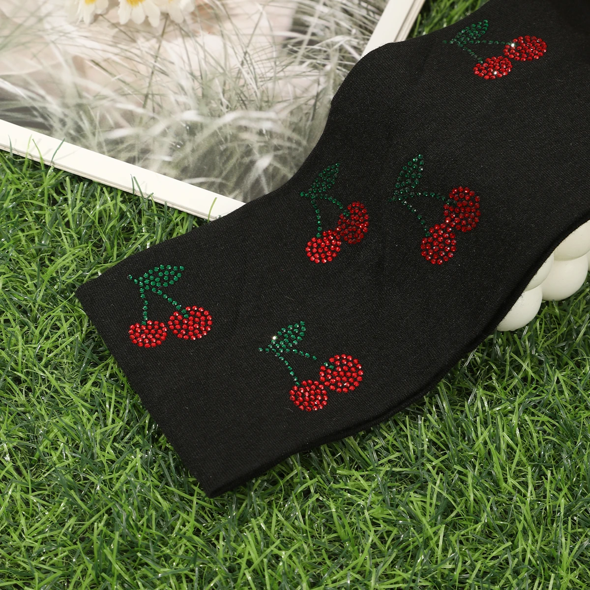 1pc Small Rhinestone Cherry Pattern Elastic Headband Women Turban Hair Bands Yoga Fashion Makeup Headwrap Hair Accessories