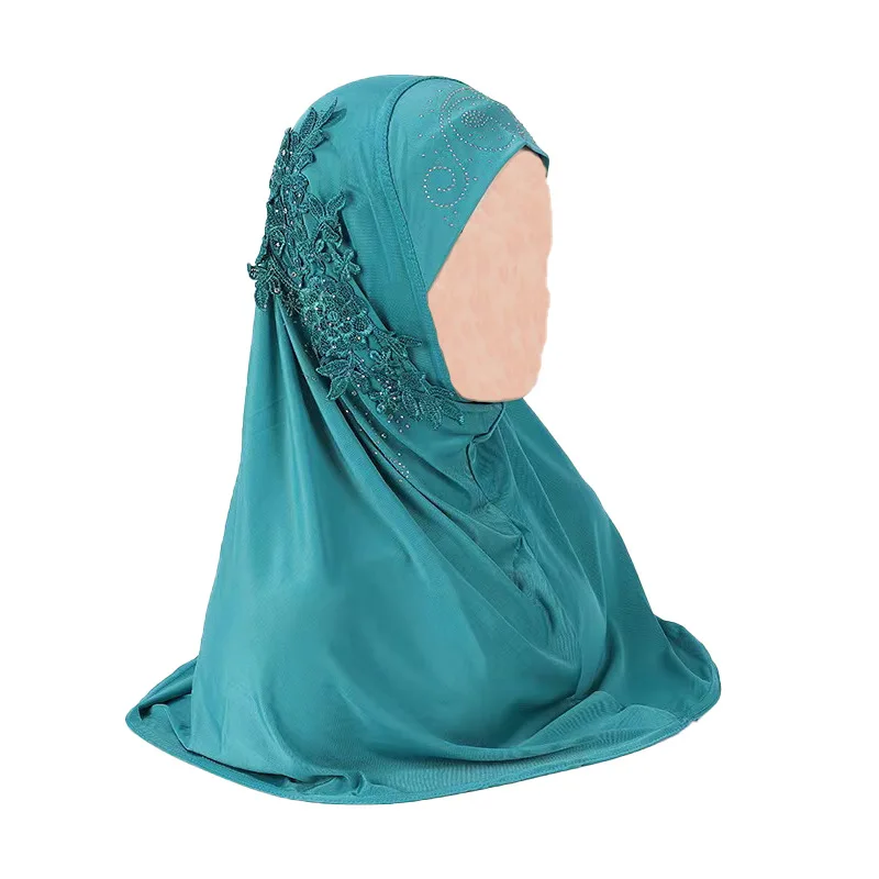 Muslim Pullover Hat Solid Color Sparkling Diamond Lace Flower Middle Eastern Beauty Girl Headband Cover