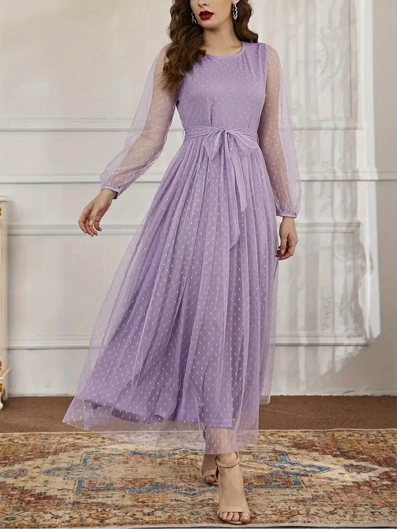 Damen Casual und Elegantes Halbtransparentes Langarm-Kleid mit Rundhalsausschnitt, Einfarbig, Hohe Taille und Durchsichtigem Gürtel
