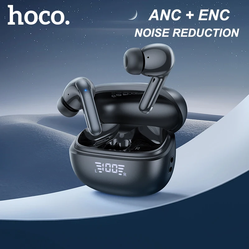 HOCO-Fone de ouvido sem fio com cancelamento de ruído ativo, som estéreo hifi, microfone duplo, fones de ouvido esporte música, Bluetooth 5.3