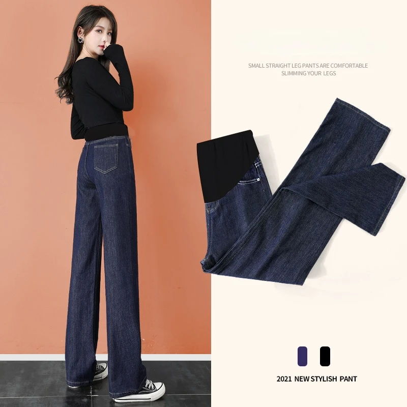 

Autumn Dark Blue Denim Maternity Full Long Jeans Wide Leg Loose Straight Belly Pants Clothes For Pregnant Women Pregnancy