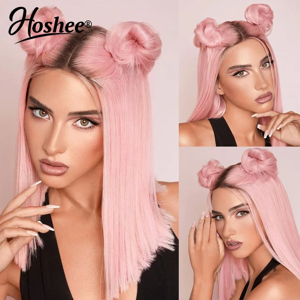 Ombre Light Pink Short Bob Wigs Human Hair For Women 13X4 Lace Frontal Bob Wigs Colored Part Lace Pre-Plucked