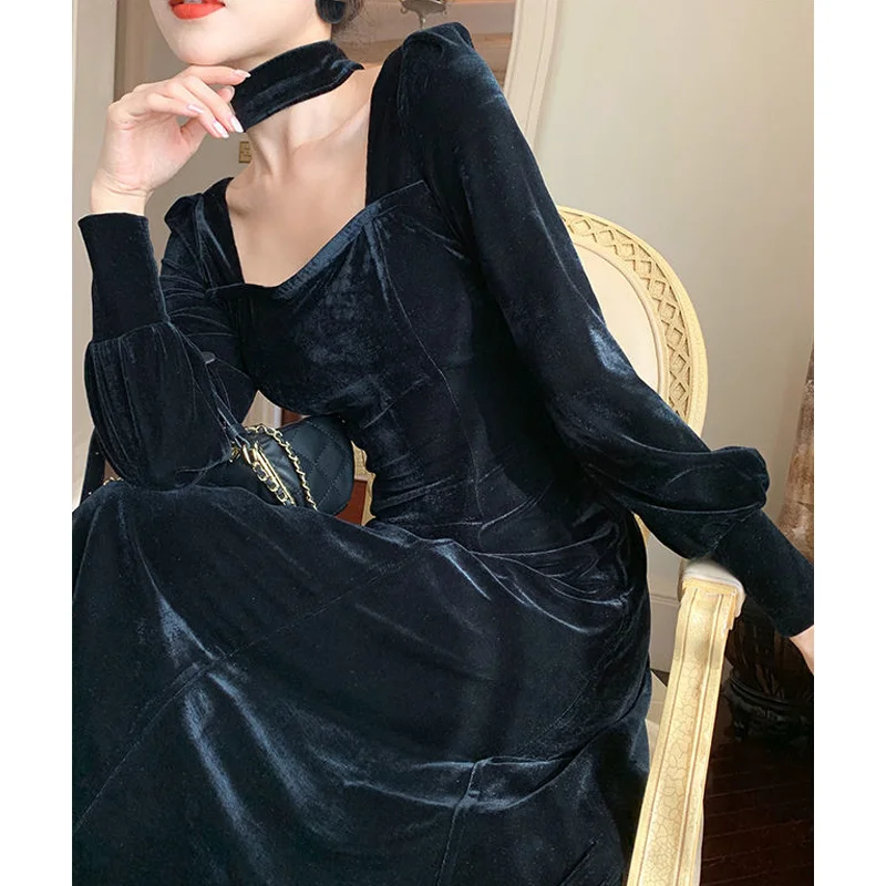 

Korean Fashion Evening Party Dress Women Long Sleeve Velvet Y2k Midi Dress Office Lady 2021 Autumn Vintage Elegant Dress Bandage
