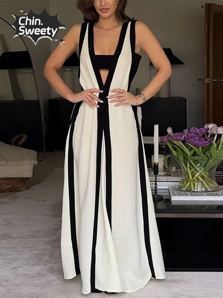 

Elegant Contrasting Hollow Out Maxi Dress For Women Fashion V-neck Sleeveless Loose Dresses 2024 Female Office Commute Vestidos