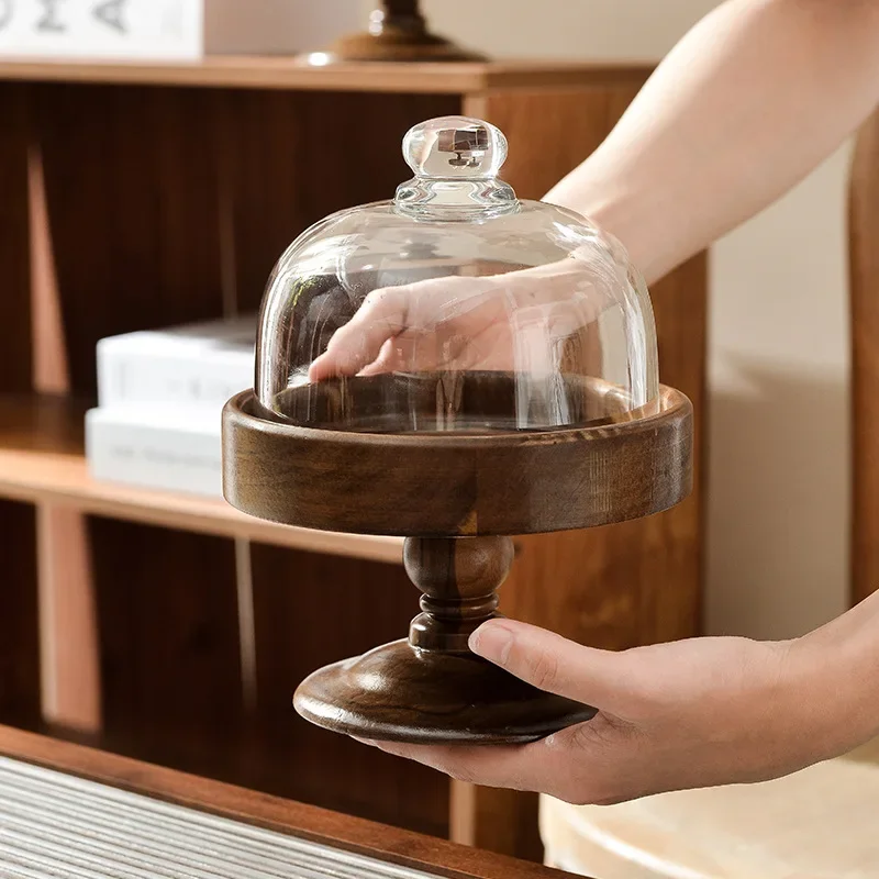 Living Room Cake Wooden Tray Acacia Wood Fruit Tray Glass Cover Dust Proof Dessert Dessert Table Fruit Storage Tray 2