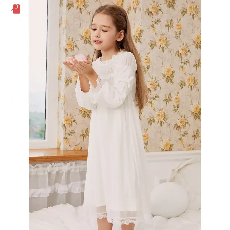 Girls Nightgown French Court Tulle Pajamas For Children Girl Sleepwear White Nightdress Girls Nighty Cotton Lace Nightwear Girl