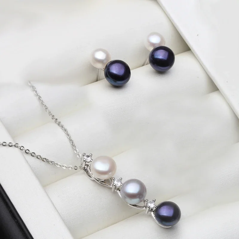 Trendy 925 Silver Natural Freshwater Pearl Necklace And Earrings Set With Ring White Black professional black velvet series jewelry organizer holder wooden ring necklace bangle earring watch jewelry display storagestand