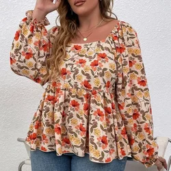 Plus Size Floral Print Square Neck Summer Spring Elegant Peplum Blouse Women Lantern Sleeve Casual Blouse Female Large Size 6XL