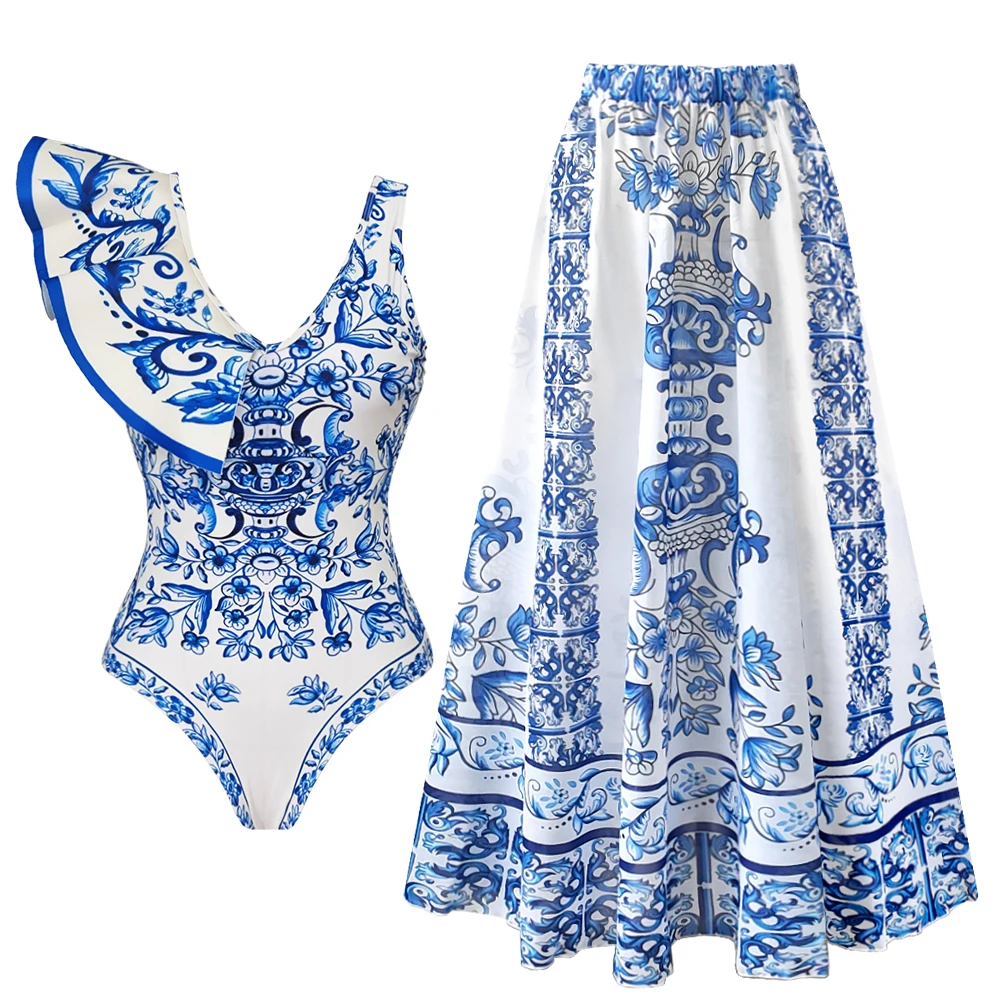 Sexy Ruffle One Piece Swimsuit Women Print Swimwear Skirt Monokini Print Bathing Suits Swim Suit Wear Beachwear one piece swimsuit women swimsuit