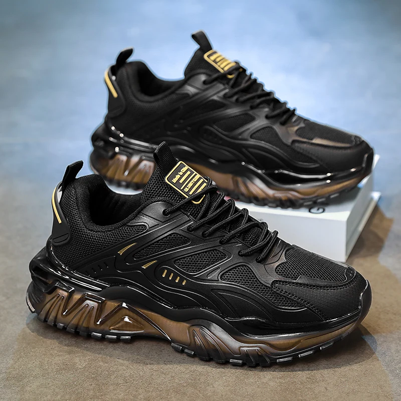 Men's Casual Sneakers, Stylish Black Sneakers with a Touch of Gold Embellishments, Lace-Up Sneakers with Air Cushioning, Comfortable Upper and Durable Sole, Suitable for Casual Wear, City Exploration Shoes | Fashionable Sneaker Design | Secure Fit Closure