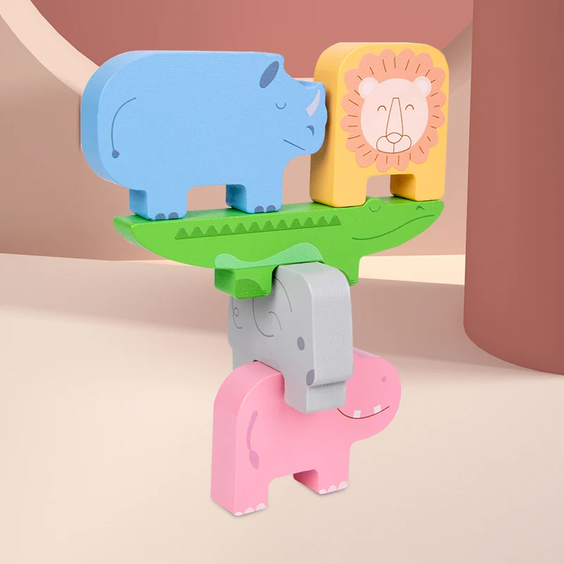 Wooden Animal Stacking Block Game Shape Matching Puzzle Balance Toy Montessori Fine Motor Training Educational Toys For Children 3