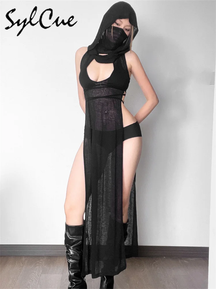 nibber 2024 Summer High Street Travel Cool Confident Black Mysterious Sexy Open Avant-garde Sexy Hot Cool Women's Hooded Dress