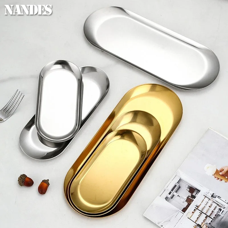Kitchen Tray Stainless Steel Gold Dining Plate Dessert Plate Nut Fruit Cake Tray Snack Western Steak Dish