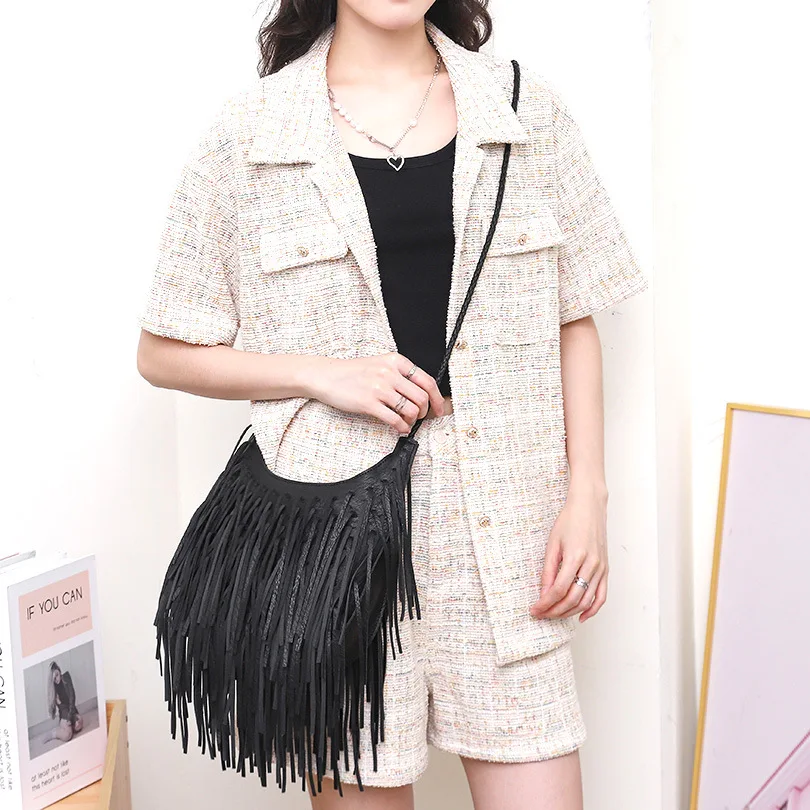 Long Tassel Design Women Crossbody Bags Soft PU Leather female Shoulder Bag Weave messenger Sling bag small bolsa feminina