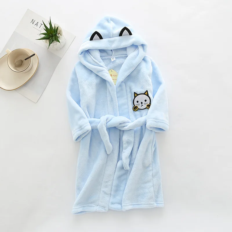 Kids Cartoon Cat Robes Winter Baby Girl Bathrobe Sleepwear Robe For Children Flannel Hooded Pajamas Boys Homewear Clothing