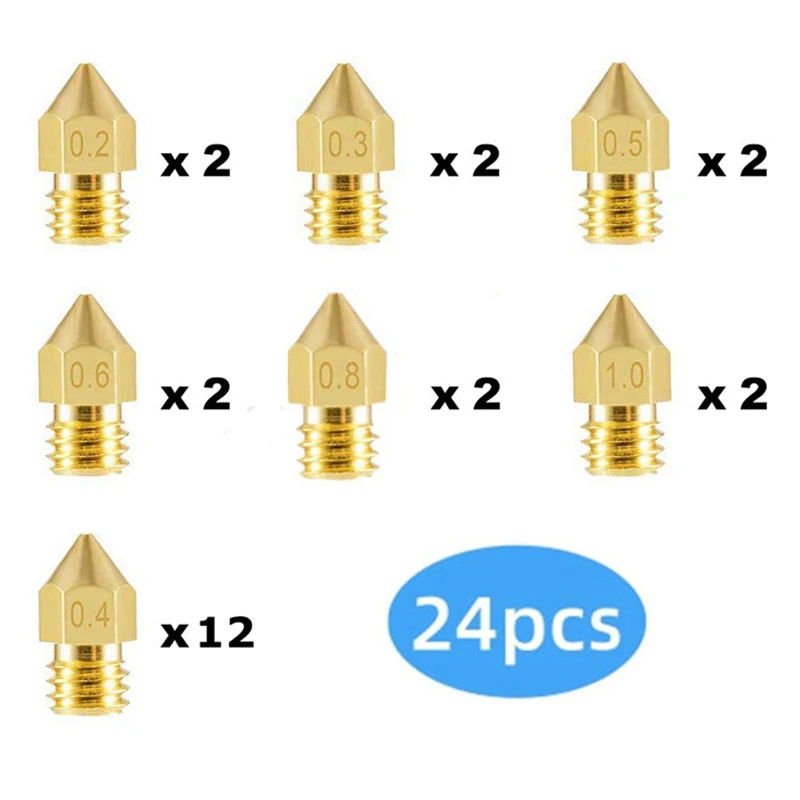 24pcs MK8 Nozzle 0.2/0.4/0.5/0.6/0.8/1.0mm 3D Printer Part Extruder M6 Thread Brass Nozzle 1.75mm for Creality Ender 3/3 Pro/3