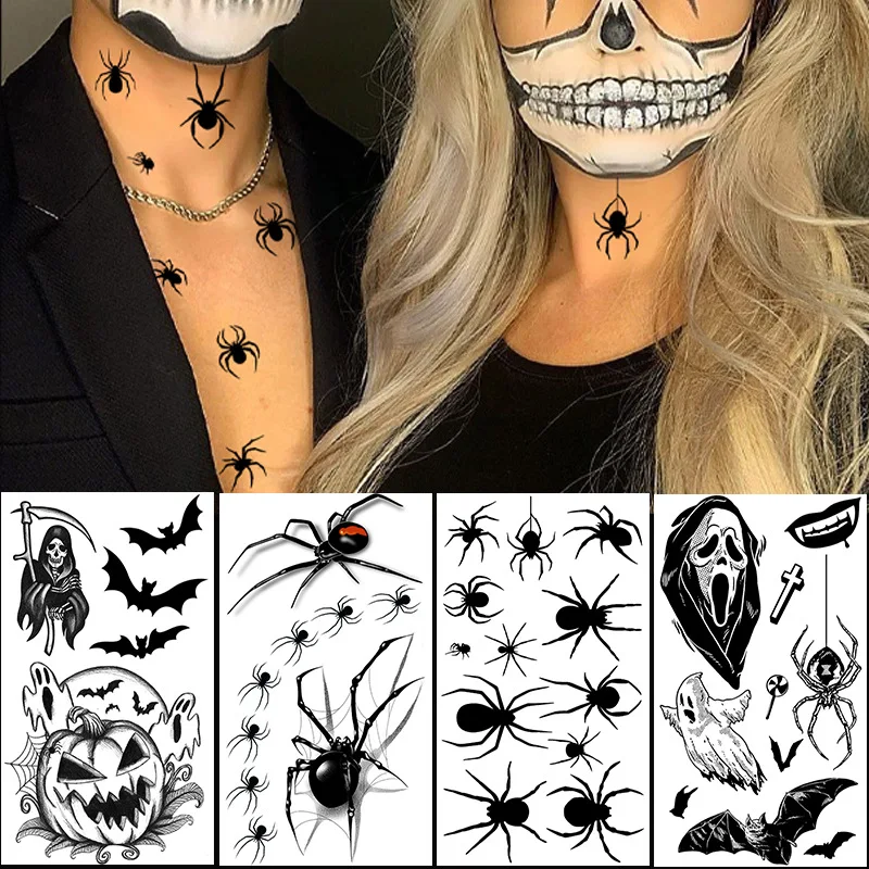 

Halloween Black Temporary Tattoo Sticker Skeleton Death Scythe Bat Tombstone Pumpkin Fake Tattoo Waterproof