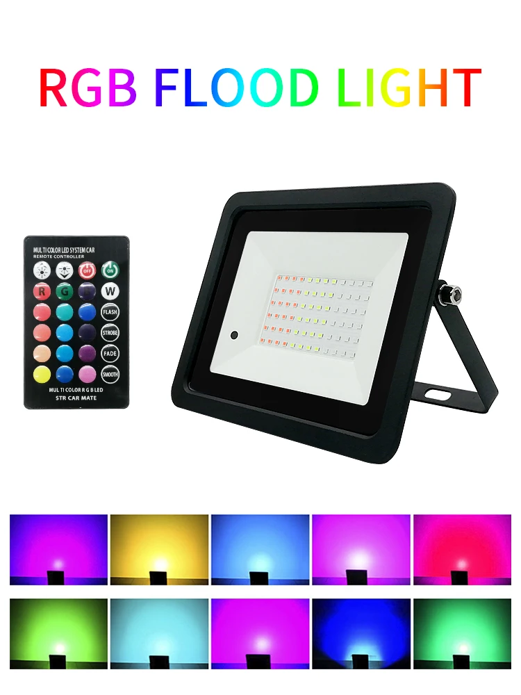 Foco LED RGB IP68, iluminación exterior impermeable, 20 W, 30 W, 50 W, 100 W, luz de control remoto, color de luz, reflector para decoración de jardín.