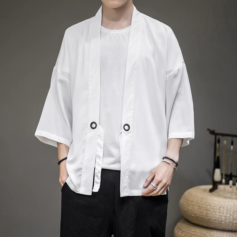 

Men's Kimono Shirt Traditional Japanese Style Clothing Male Open Front Cardigan Half Sleeve Yukata Coat Haori Casual Beach Shirt