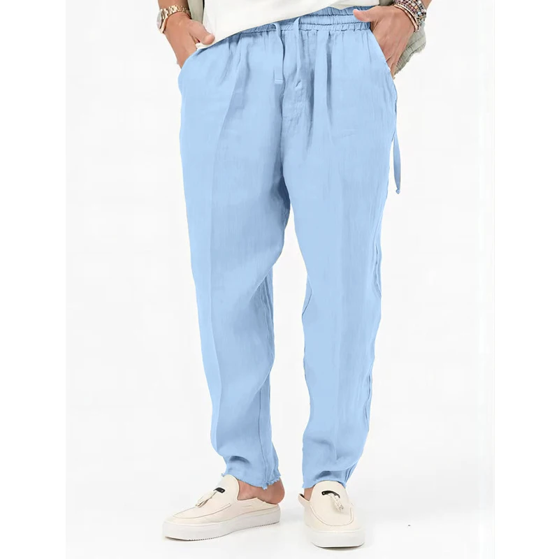 

Classic Solid Solid Mens Cotton Linen Pants Spring Summer Fashion Loose Drawstring Straight Long Pant Men Leisure Tie-up Trouser