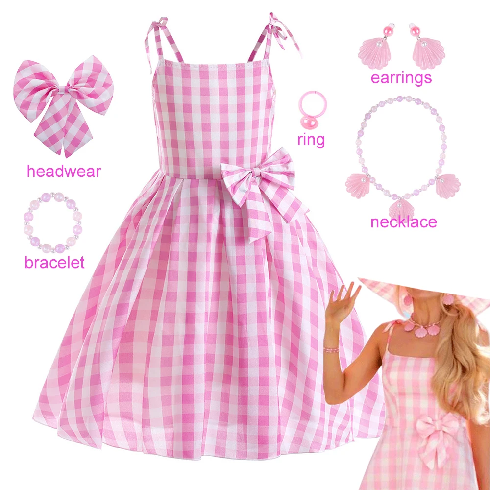 

2023 Movie Barbi Cosplay Clothes Pink Plaid Dress Girls Kids Halloween Costume Carnival Party Outfits Necklace Earrings Headwear