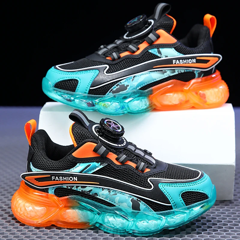 Kids Sneakers Mesh Breathable Comfortable Flat Walking Shoes Rotating Button Luxury Design Running Fashion Tennis Shoes Children
