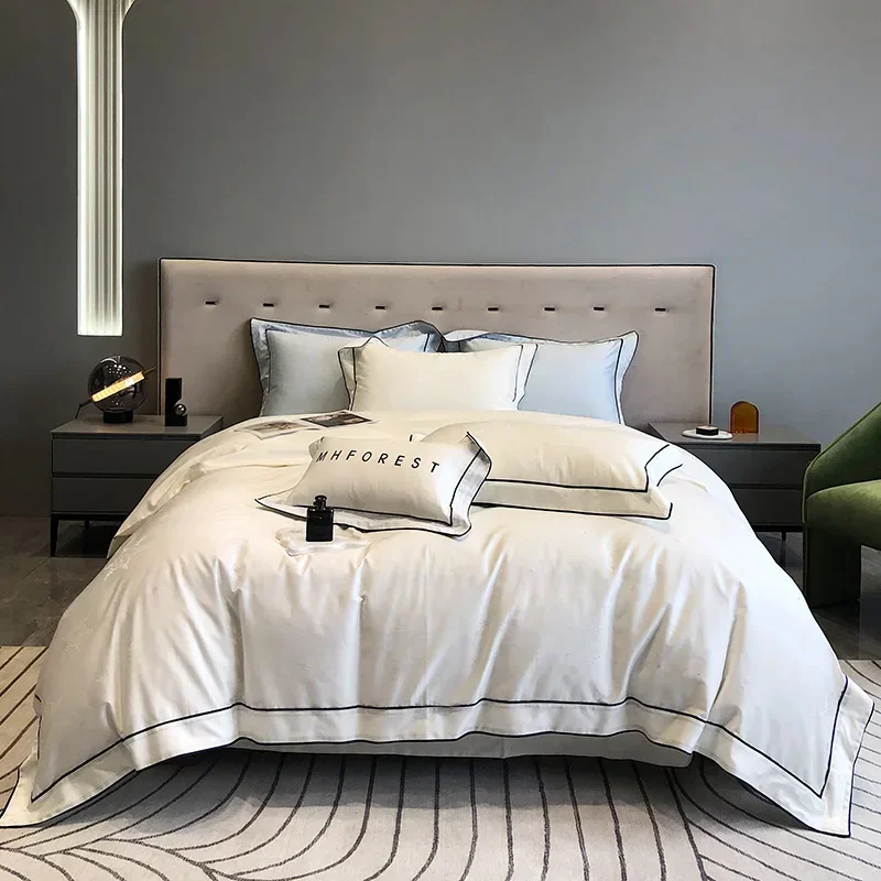 

1000TC Egyptian Cotton Bedding Set Satin Jacquard Bed Linens Quilt Duvet Cover Pillowcase King Size Flat Sheet