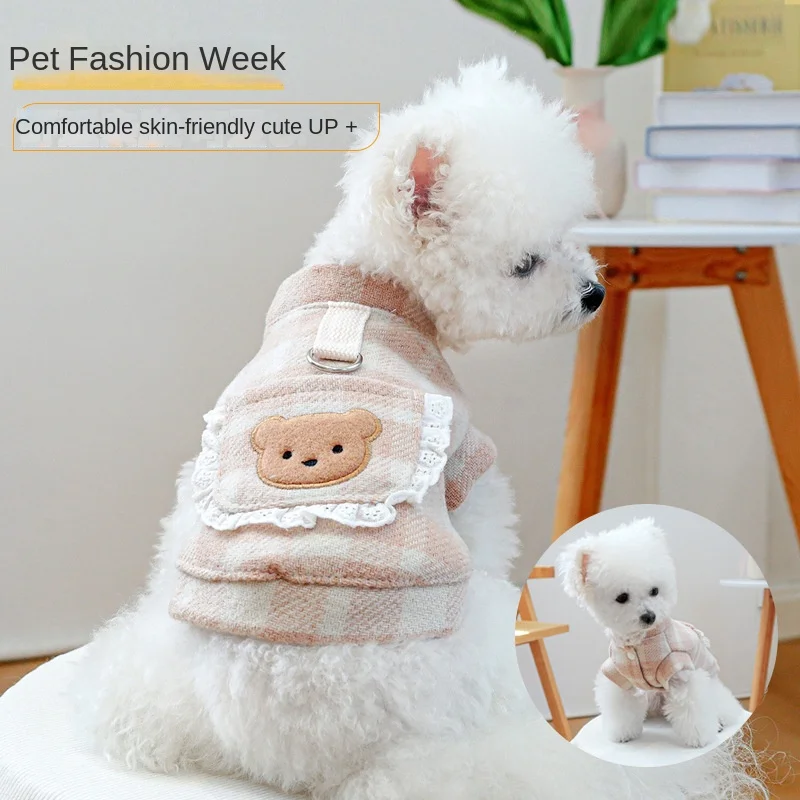 Pet clothes, puppy dog cat cat clothing, warm in autumn and winter, cute checkered pink bear couple clothing