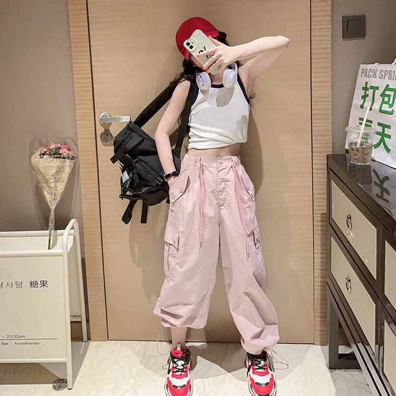 

Girls Loose Casual Cargo Pants Fashion Korean Street Style Hip Hop Trousers Wide Leg Pants with Belt for School Vacation Daily