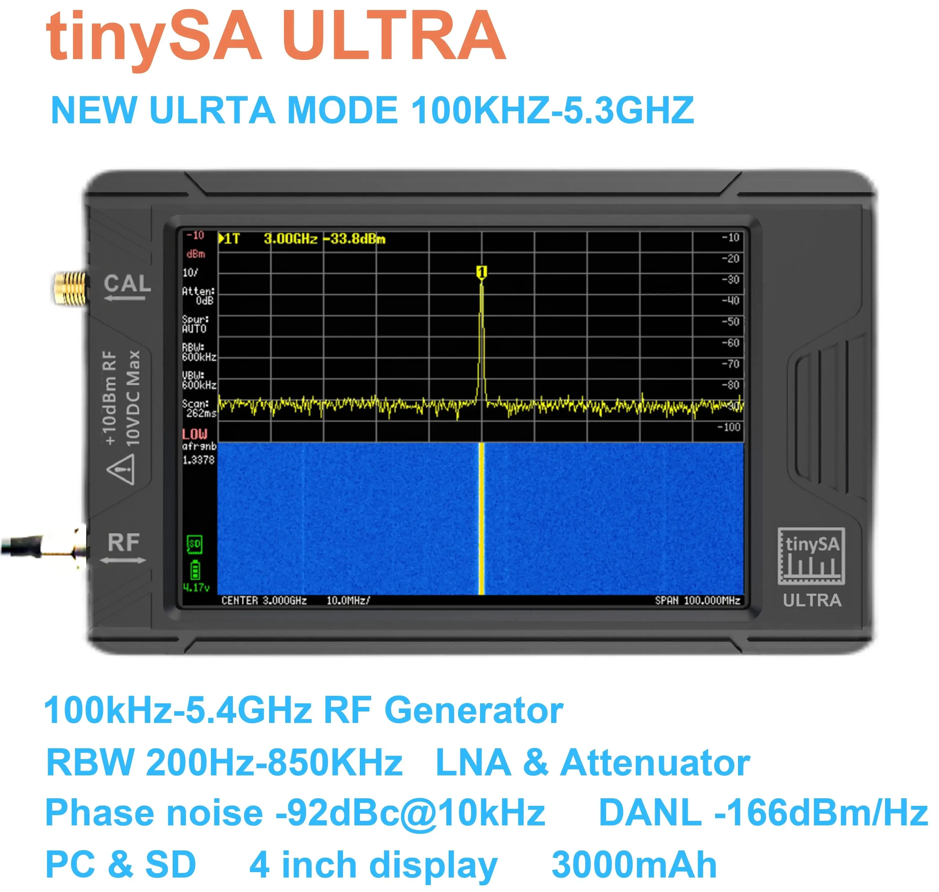 

TinySA ULTRA 4Inch Spectrum Analyzer Handheld TINY SA Frequency Analyzer 100kHz-5.3GHz add 32GB Card Network Internal Lan Tester