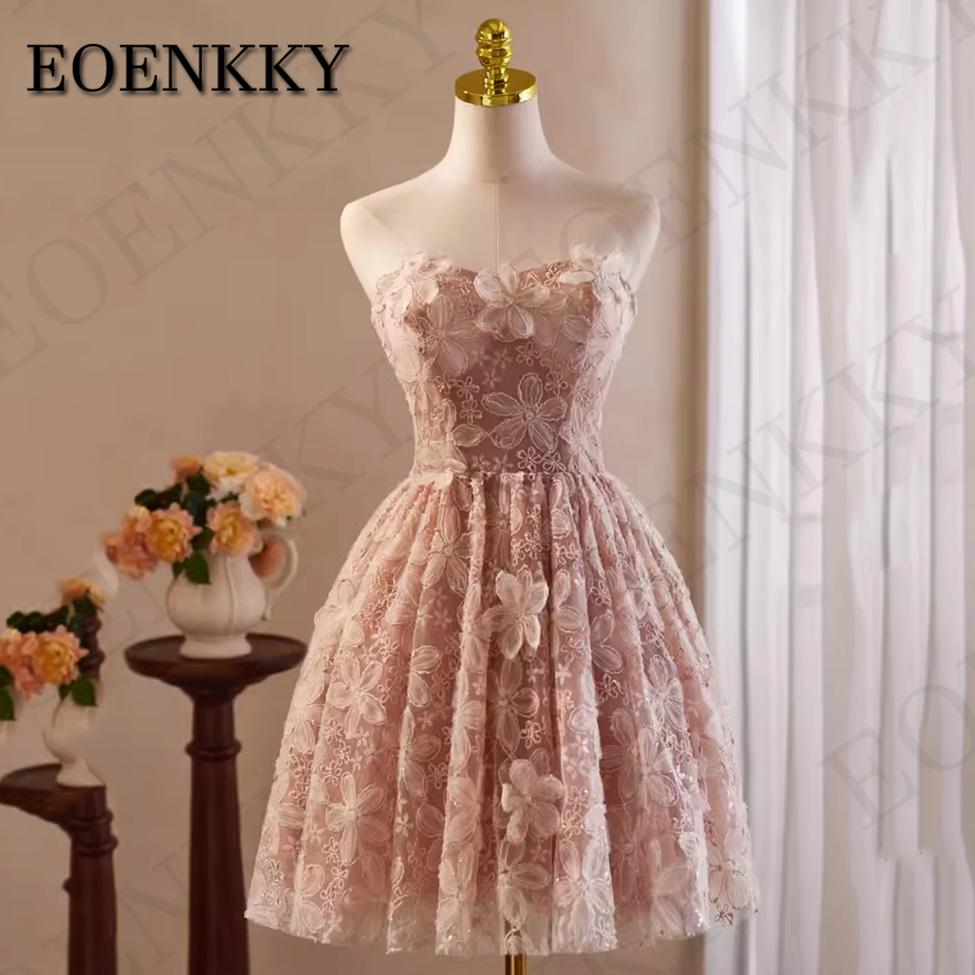 EOENKKY Luxury 3D Flowers Tulle Prom Dresses Pink Off Shoulder Birthday Homecoming Dress Short 파티 드레스 A Line Korea women prom dresses