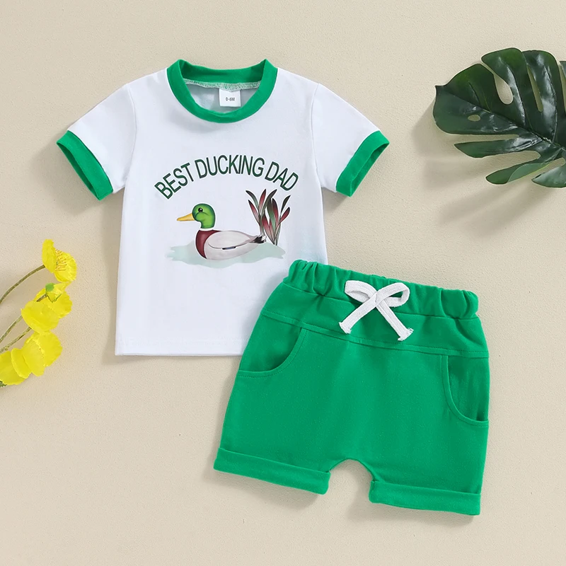 

Suefunskry Toddler Boys Summer Shorts Sets Short Sleeve Letter Duck Print Tops and Drawstring Shorts Sets