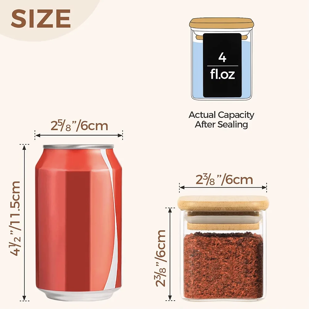 Glass Spice Jars with Bamboo Lid, 4oz Airtight Square Spice Containers, Empty Seasoning Jars for Salt Sugar
