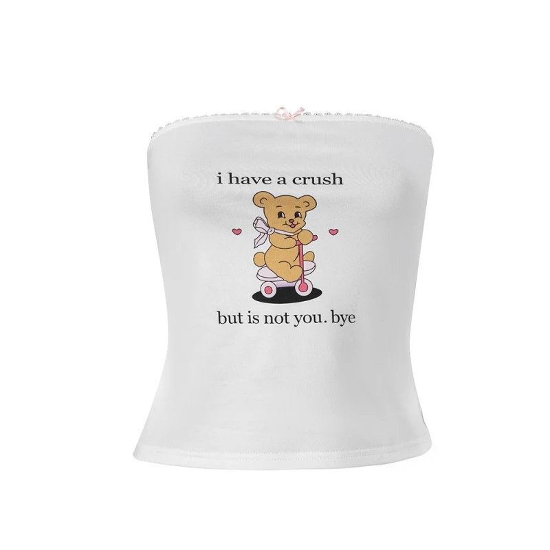 Top de corsé blanco sin mangas de verano con estampado de letras de oso bonito, top corto sexy ajustado para mujer, ropa de moda con lazo de encaje, ropa de mujer