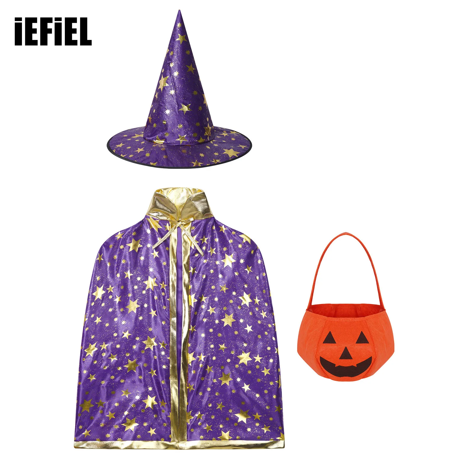 

Kids Children Halloween Witch Wizard Cloak Costumes Outfit Cape with Pointed Hat And Pumpkin Bag Outfit Set for Cosplay Party