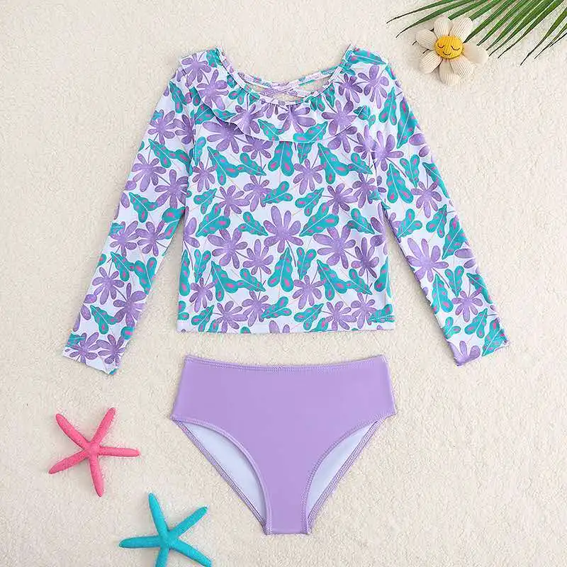 Girls High Waist Bikini Sets with Floral Print Crop Tops Kids Swimsuit 7-12 Years Children's Swimwear Teens Bathing Suit