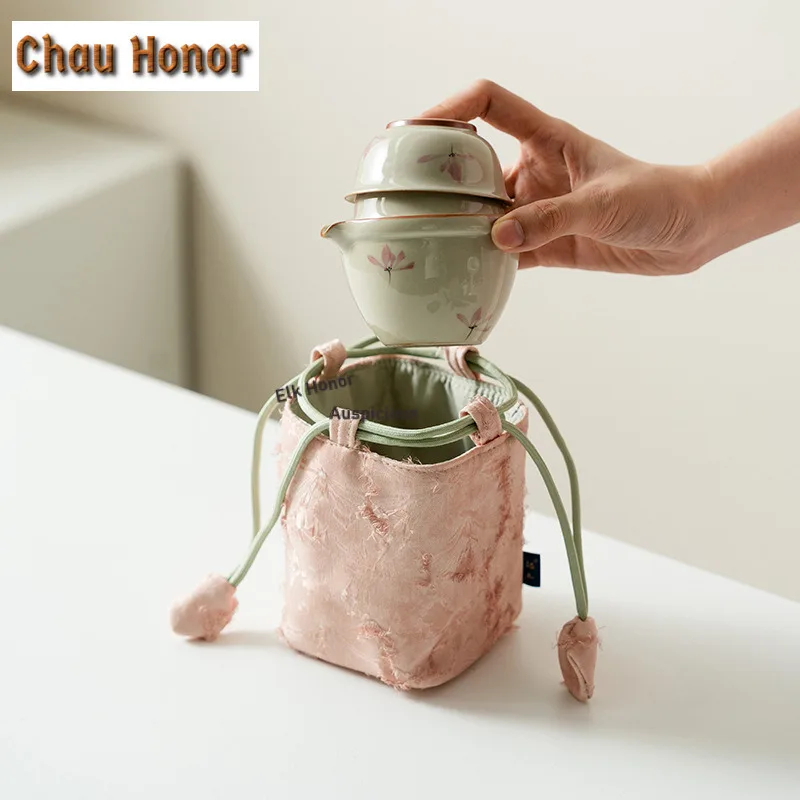 Pure Hand-painted Powder Orchid Travel Tea Set Kit Boutique 1 Pot 2 Cups Tea Maker Organizer Portable Picnic Handbag Supplies