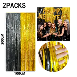 Rainbow Foil Fringe Curtains - Tinsel Metallic Streamers for Vibrant Party Decorations, Set of 2 (Black gold)