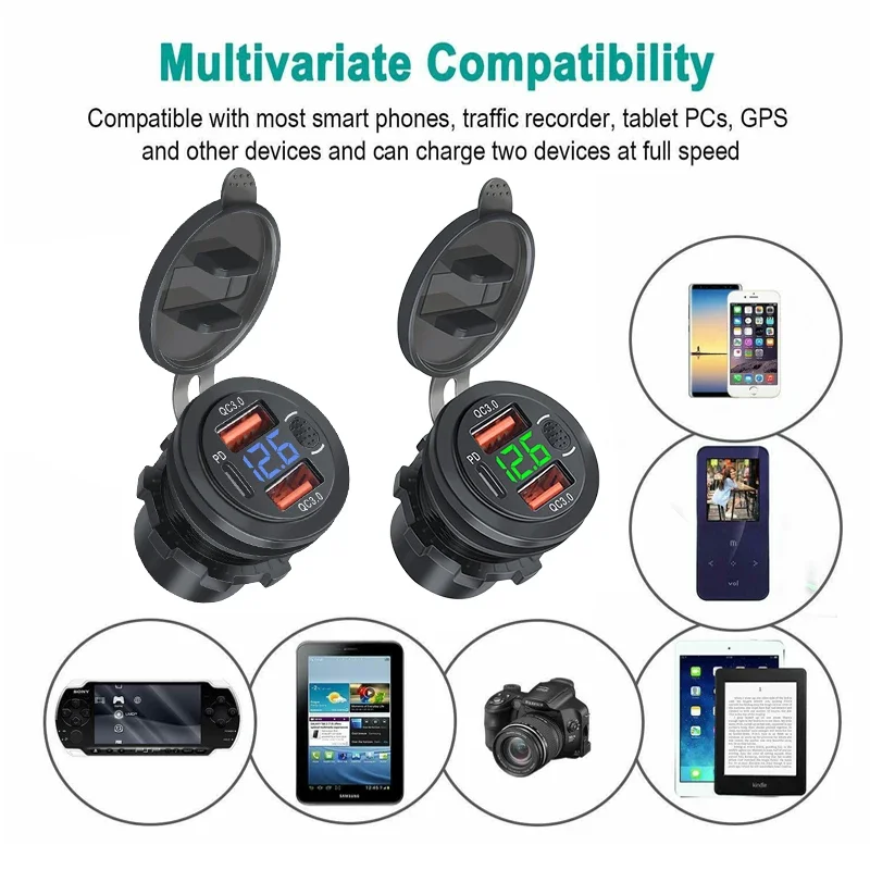 USB C 급속 충전 3.0 차량용 충전기 소켓, 12V 24V PD3.0 및 듀얼 QC3.0 포트, USB 고속 충전기 전원 콘센트, 터치 스위치 포함