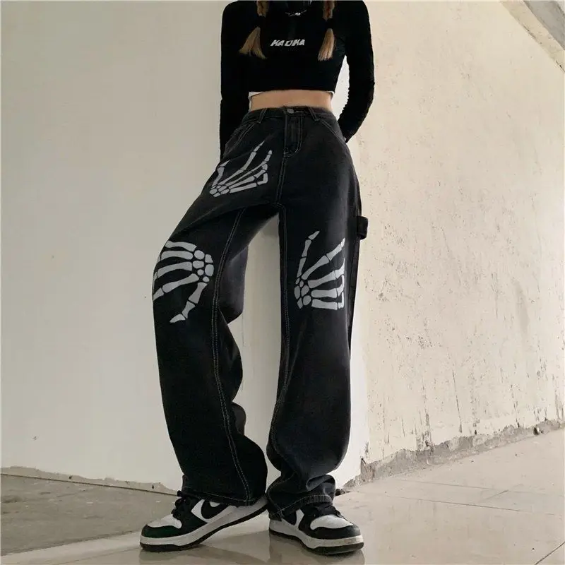 Gothic Jeans Women Harajuku Loose Wide Leg Pants Vintage Skull Bone Print Casual Straight Denim Trousers Female Streetwear Y2K high waisted jeans