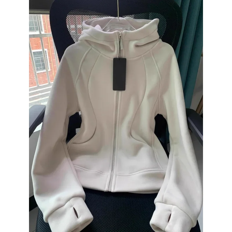 Women's Autumn/Winter New Slim Fleece-Lined Hooded Sweatshirt Petite Thickened Warm Casual Sport Cardigan Jacket